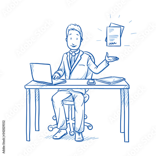 Happy business man, employee at his desk with laptop, tablet raising hand with file or document icon.  Hand drawn line art cartoon vector illustration
