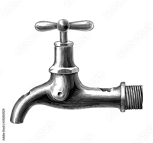 Vintage water tap hand drawing engraving illustration black and white clip art isolated on white background