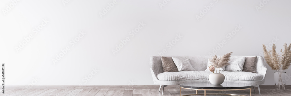Stylish white modern living room interior, home decor - obrazy, fototapety, plakaty 