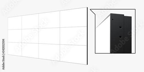 Angle View of 4x3 Video Wall (12 screens) Template. Realistic 3D Render Isolated on White Background.