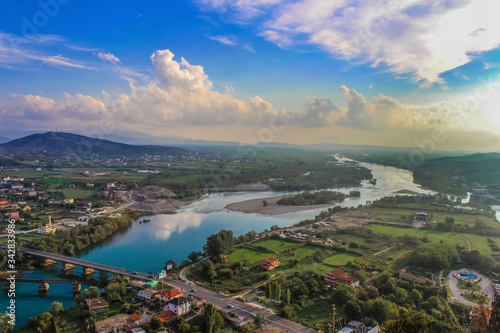 Beautiful bird eye view on Shkoder city from Rozafa Castle, albanian nature as background