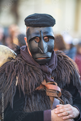 Mamoiada, Nuoro, Sardinia, Italy - Fabruary 23 2020: the Mamuthones, traditional Italian carnival mask from Mamoiada