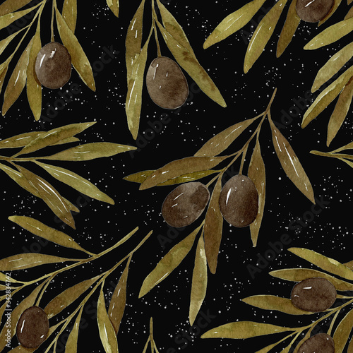 Watercolor olives seamless pattern isolated on white background. Botanical illustration.
