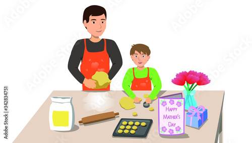 Mother's Day concept, father and son prepare a surprise for mom
