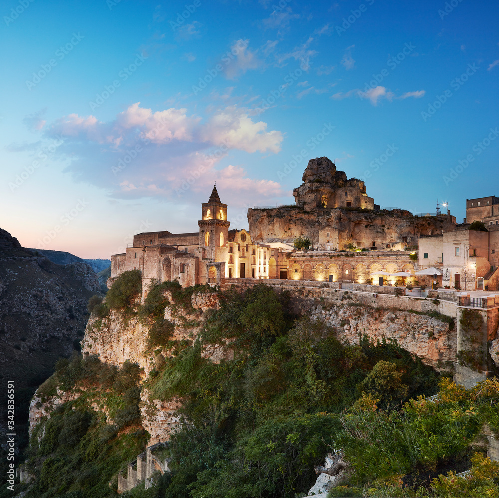 Italy, Matera, a panoramic view of the Sasso Caveoso, at sunrise, nobody