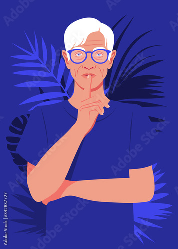 An elderly man put a finger to his lips. Secret information. Portrait of a strict and serious grandfather. Vector flat illustration