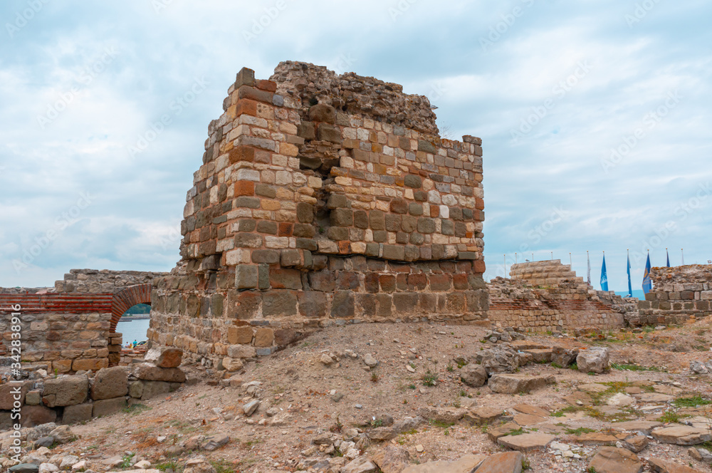 Western fortress wall of Nessebar, Bulgaria. Antique ruins