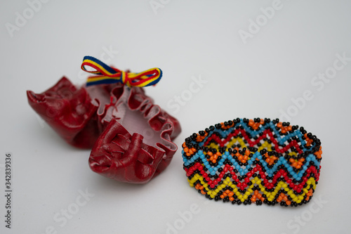 romanian traditional shoes Opinci ,Opanci for peasant and colorful hand bracelet from Maramures,ROMANIA