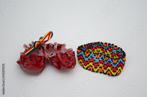 romanian traditional shoes Opinci ,Opanci for peasant and colorful hand bracelet from Maramures,ROMANIA