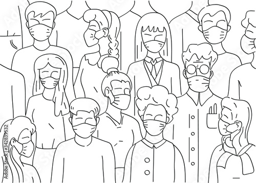 Vector illustration, people in a mask, outline illustration, line art, corona virus, epidemic, pandemic, walking crowd,