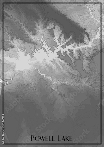 Map of Powell Lake, Arizona. Vector elevation map of national park. Generated conceptual surface relief map. Detailed geographic elegant landscape scheme. Topographic outline poster. photo