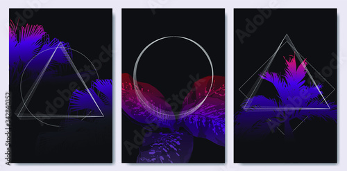 Aesthetic tropical plants in neon ultraviolet and pink color with geometric line shapes, card - poster template design