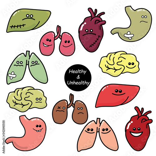 doodle style vector illustration. a set of internal organs healthy and unhealthy. icons comparison of sick and healthy organs. stomach, liver, heart, lungs, kidneys, brain. flat for children comics