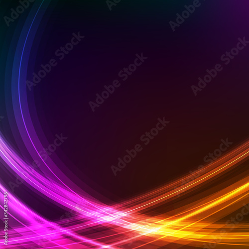 Abstract square background with shiny luminous lines on black. Neon glow effect in retro style of 1980. 