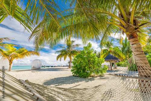 Beach hammock hanging on a palm tree on the Maldives. Chaise lounge  relaxation and calmness concept. Beach landscape  idyllic summer vacation and travel view 