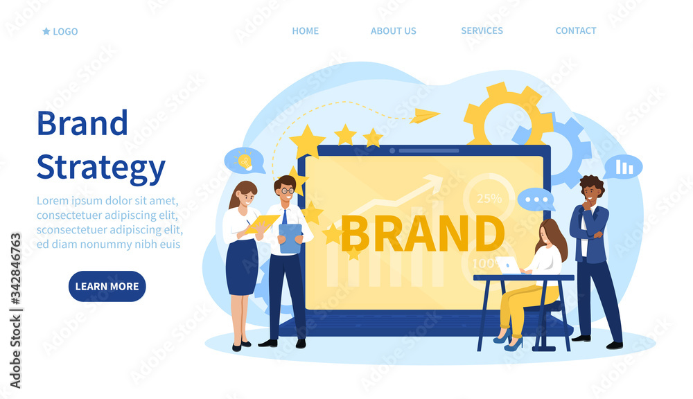 Online business Brand Strategy concept with businesspeople in meetings in front of an open laptop with text - Brand - on screen, colored vector illustration with copy space