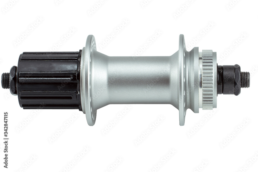 Bicycle repair. Mountain bike workshop. Rear hub under the disc brake isolate on a white background. The body is silver. Spare parts for a bicycle of a famous manufacturer and brand. Bicycle repair. Mountain bike workshop. Rear hub under the disc brake isolate on a white background. The body is silver. Spare parts for a bicycle of a famous manufacturer and brand.