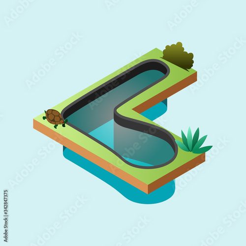 Isometric Vector Illustration Representing a Curve Shaped Turtle Pond 2