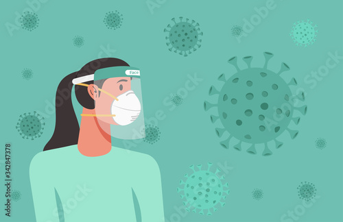 woman wearing n95 mask and face shield to protect from virus spreading, flu prevention, coronavirus quarantine concept, new normal, character cartoon vector flat illustration