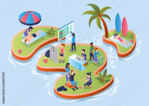 Isometric Vector Illustration Representing Islands with Health People Activities on it