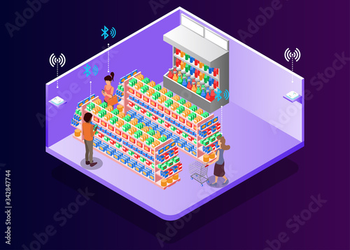 Isometric Vector Illustration Representing Activities at Supermarket or Store with Bluetooth Technology