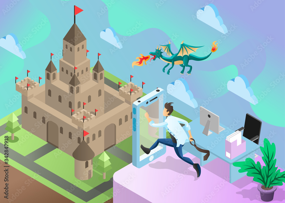 Naklejka premium Isometric Vector Illustration Representing a Man Jumping Through Mobile Phone to Fantasy World