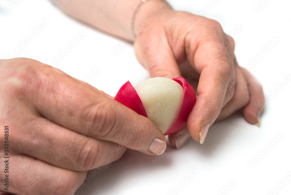 one mini edam cheese openning in hands on white background one mini edam cheese openning in hands on white background