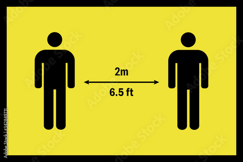 2-meter (6.5 feet ) coronavirus distance instruction to reduce the risk of infection. Warning sign. Black on yellow background.