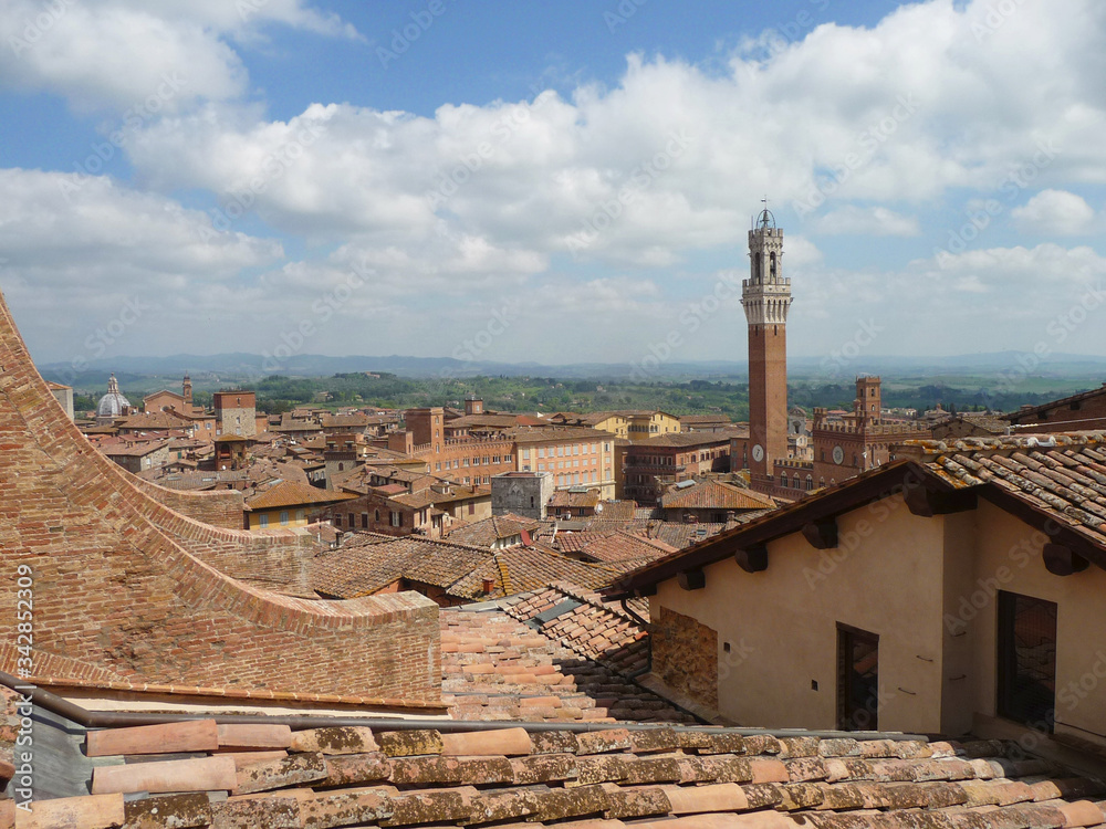 Cityscape with the tower of the Comunale Palace. City of Siena. Italy.