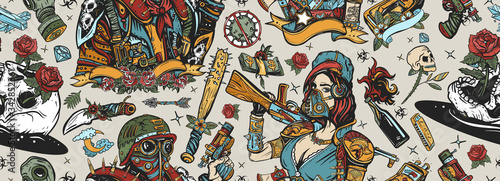 Post apocalypse seamless pattern. Old school tattoo style. Doomsday girl and gun, end of world. Post apocalyptic man warrior, soldier woman. People, weapon of dark future. Nuclear war background