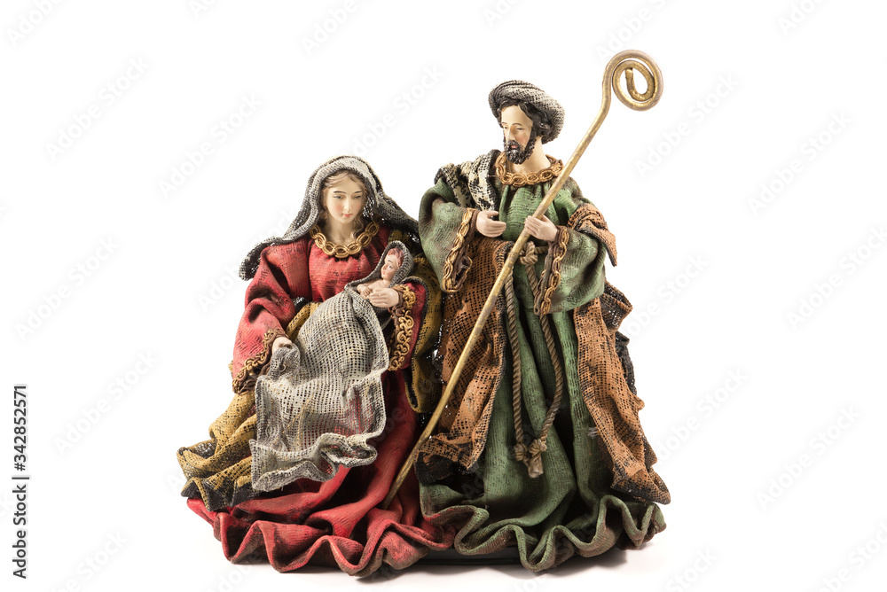 Escena navideña. Niño Jesús con María y José aislados en fondo blanco, sagrada familia