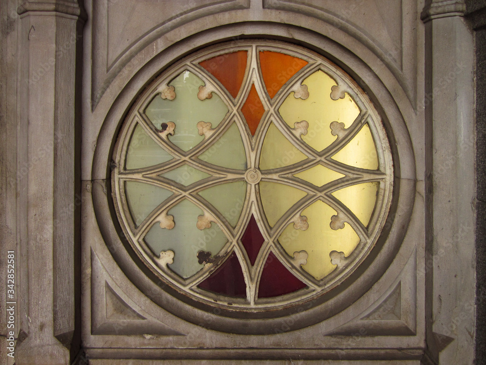 Neogothic detail of smelting rose window of the station in Turin. Italy.  