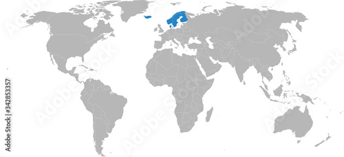 Nordic countries highlighted on world map. Light gray background. Business concepts  diplomatic  trade  travel and economic relations.