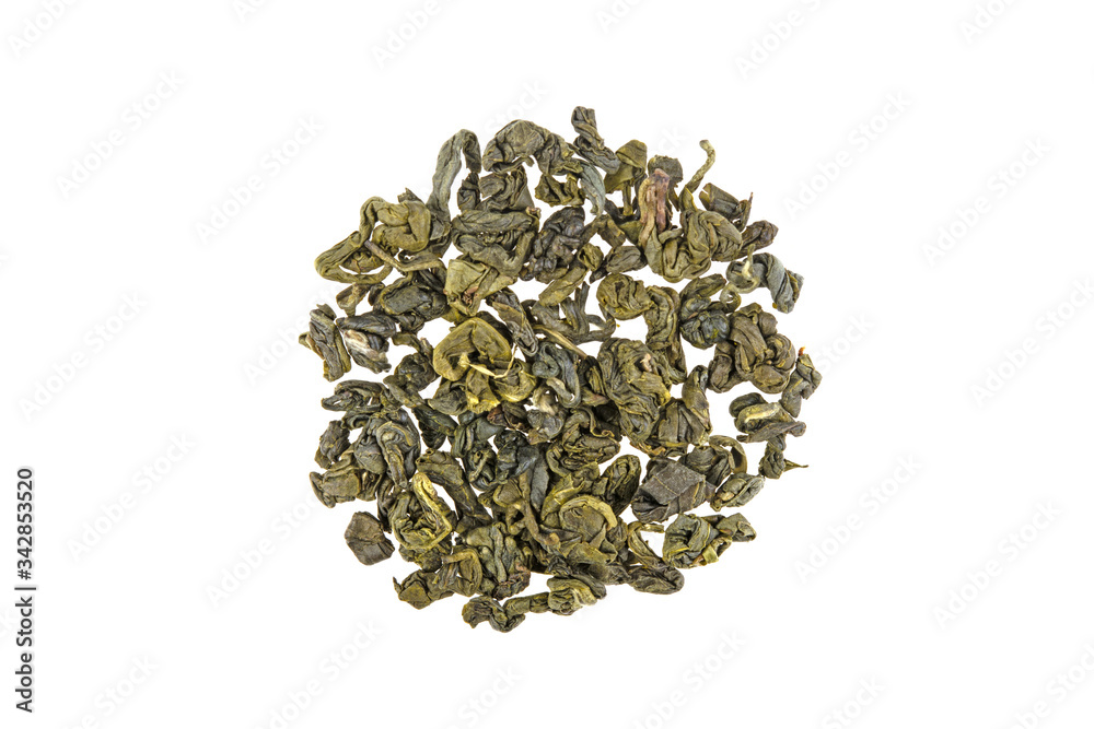 heap of green tea on a white background isolated