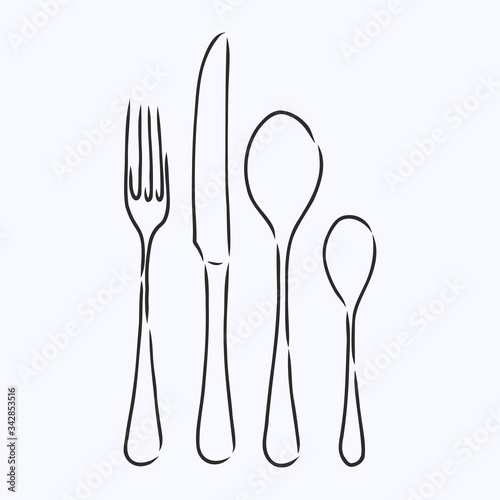 Rough Cutlery Illustration - Brown handmade illustration of cutlery isolated on white background. Cutlery fork and knife, vector sketch illustration