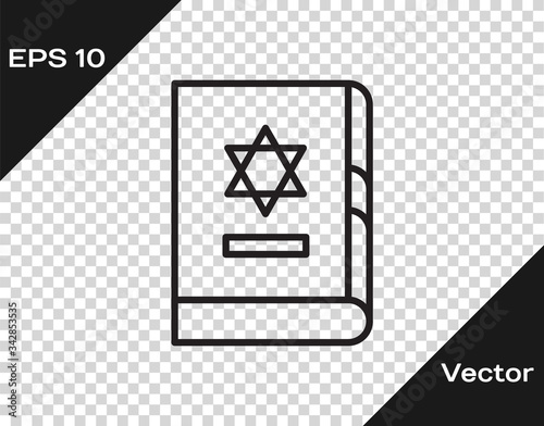 Black line Jewish torah book icon isolated on transparent background. On the cover of the Bible is the image of the Star of David. Vector Illustration