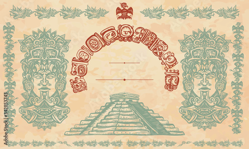 Mayan pyramids, glyphs and old totem. Chichen Itza. Ancient civilization background. Aztecs, Incas. Historical frame, tribal ornaments and old paper photo