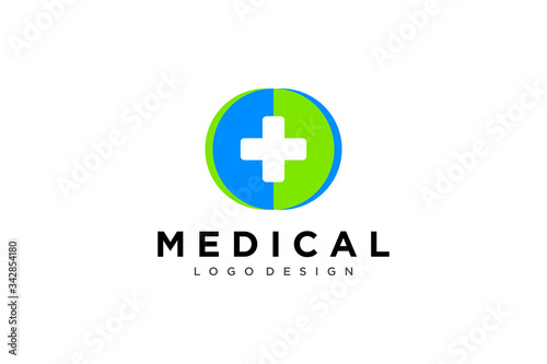 Medical Logo Healthcare Symbol. White Cross Sign Negative Space with Green Blue Medicine Icon Linked with Circle Globe Origami Style. Flat Vector Logo Design Template Element.