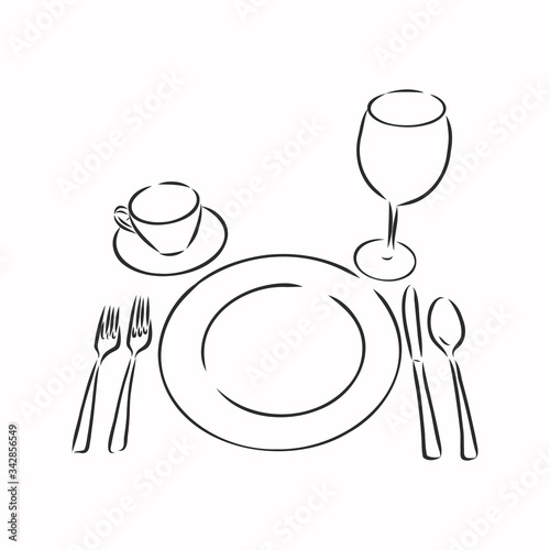 Vector hand drawn illustration with Table setting set. Sketch. Vintage illustration. table set, Cutlery vector sketch illustration