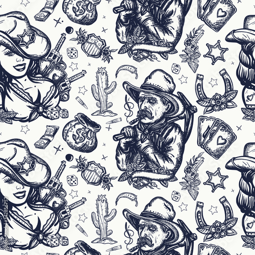 Wild West seamless pattern. Sheriff girl and   owboy digger  bags of money  cactus  playing card. Retro movie style. American history  background. Old school tattoo art. Western background