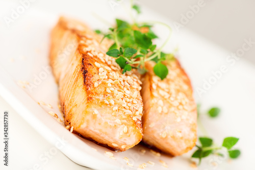 Grilled salmon on white plate angled