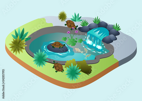 Isometric Vector Illustration Representing A Turtle Pond with Small Waterfall and Some Plants on it and Some Fish Swimming in the Water