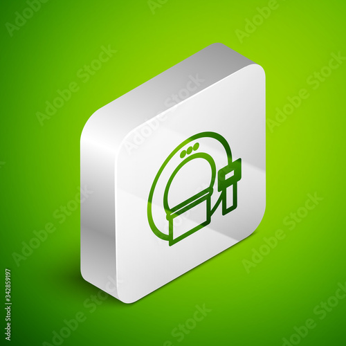 Isometric line Tomography icon isolated on green background. Medical scanner, radiation. Diagnosis, radiology, magnetic resonance therapy. Silver square button. Vector Illustration