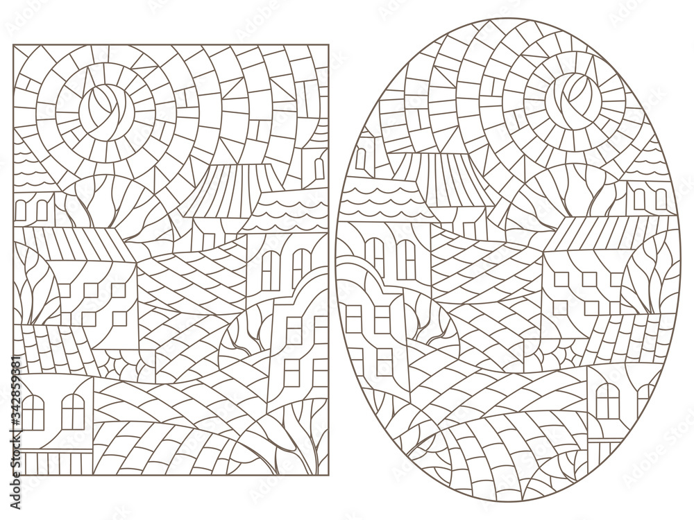 Set contour illustrations of the stained glass Windows with city scenery, darc contours on a white background