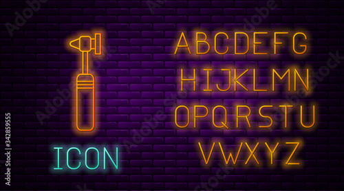 Glowing neon line Medical otoscope tool icon isolated on brick wall background. Medical instrument. Neon light alphabet. Vector Illustration