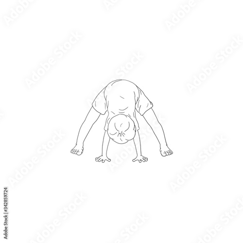 Kids Yoga - Joga f  r Kinder  Asana Baby  horizontal Banner Design Concept Cartoon. Junge barfu   in Yoga Haltung  macht fr  hliches Gesicht. Yogi Logo auf Hintergrund in wei  .