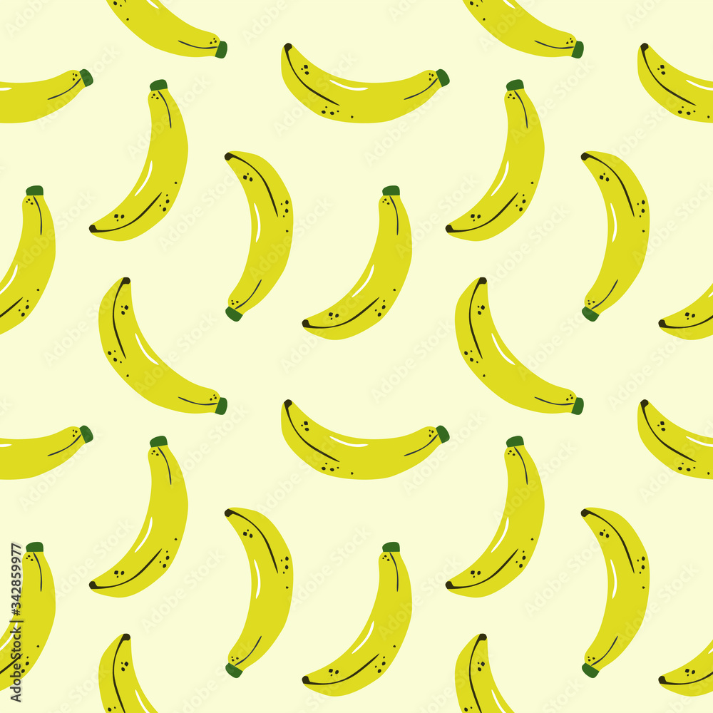 Ripe, tasty yellow banana, geometric seamless pattern on a beige background, vector. 