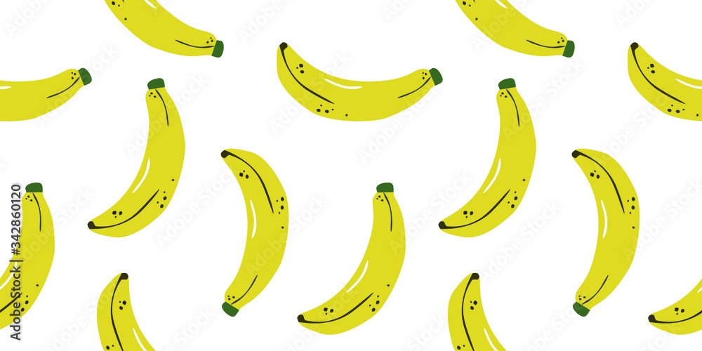 Ripe, tasty yellow banana, geometric seamless pattern on a white background, vector. 