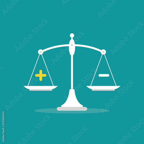 White mechanical scales with plus and minus in pans. value, solution and rationality balance.