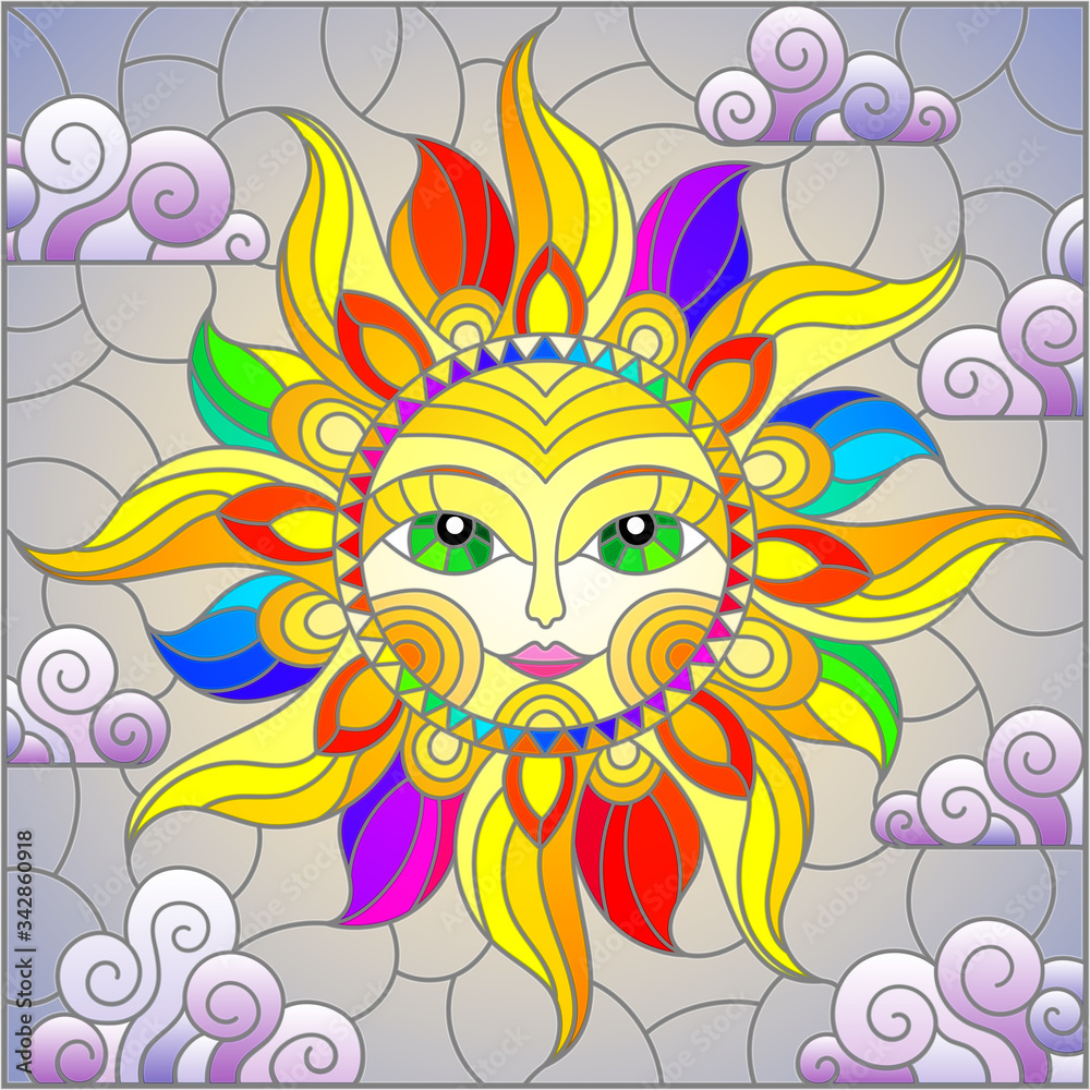 Illustration in stained glass style with fabulous sun with the face on the background of sky and clouds